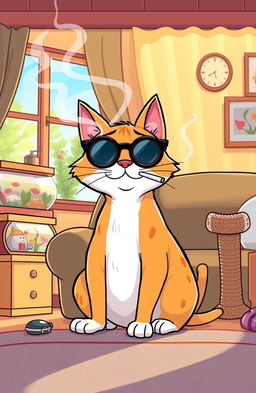 A whimsical illustration of a cartoonish cat sitting comfortably in a cozy, sunlit living room, casually smoking a cigarette in a playful and humorous manner