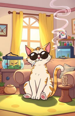 A whimsical illustration of a cartoonish cat sitting comfortably in a cozy, sunlit living room, casually smoking a cigarette in a playful and humorous manner