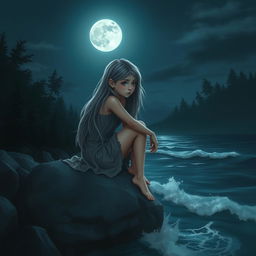 A realistic portrayal of a sad teenage girl with long gray hair, sitting on a gray rock next to the sea under a luminous full moon