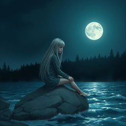 A realistic portrayal of a sad teenage girl with long gray hair, sitting on a gray rock next to the sea under a luminous full moon