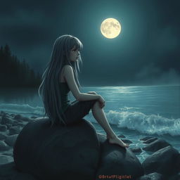A realistic portrayal of a sad teenage girl with long gray hair, sitting on a gray rock next to the sea under a luminous full moon