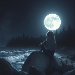 A realistic portrayal of a sad teenage girl with long gray hair, sitting on a gray rock next to the sea under a luminous full moon