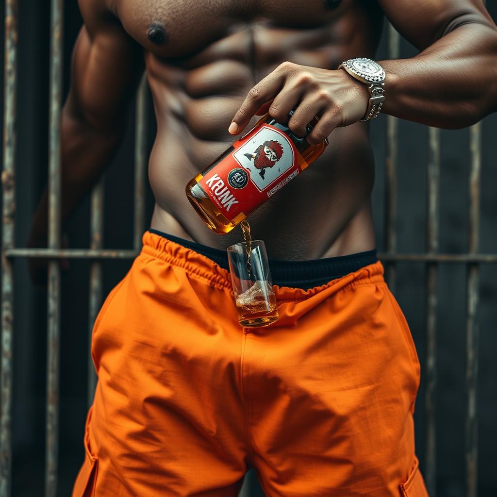 A close-up waist and torso shot of a muscular African American gang member wearing baggy orange pants that are undone