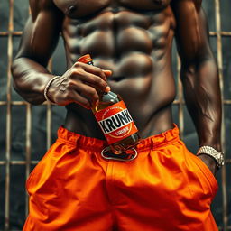 A close-up waist and torso shot of a muscular African American gang member wearing baggy orange pants that are undone