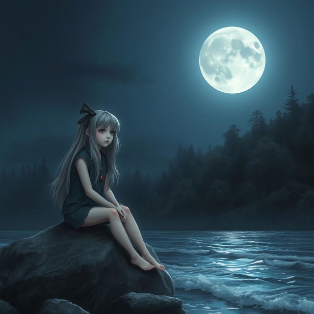 A realistic scene of a sad teenage girl with long gray hair, sitting on a gray rock beside the ocean under the light of a full moon