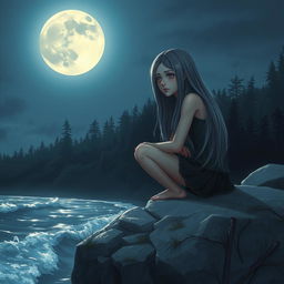 A realistic scene of a sad teenage girl with long gray hair, sitting on a gray rock beside the ocean under the light of a full moon