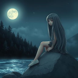 A realistic scene of a sad teenage girl with long gray hair, sitting on a gray rock beside the ocean under the light of a full moon