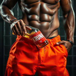 Close-up on waist and torso of a muscular African American gang member, wearing baggy orange pants that are undone, holding a 40oz liquor bottle with a striking red label featuring the logo "KRUNK