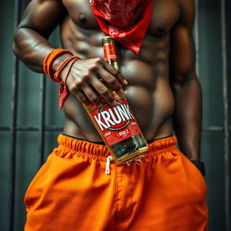 A close-up waist and torso shot of a muscular African American gang member, showcasing his defined physique