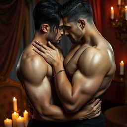 A strikingly passionate scene depicting intense desire and lust, showcasing an elegant couple in a dramatic embrace