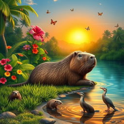 A large, majestic capybara relaxing on a lush green riverbank