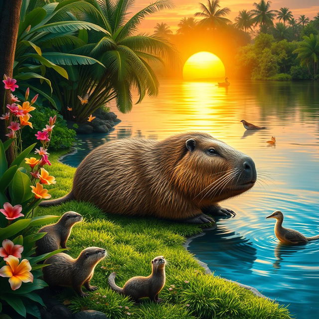 A large, majestic capybara relaxing on a lush green riverbank