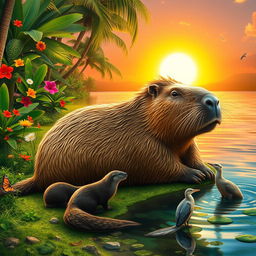 A large, majestic capybara relaxing on a lush green riverbank
