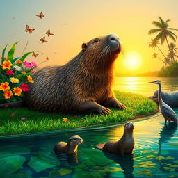 A large, majestic capybara relaxing on a lush green riverbank