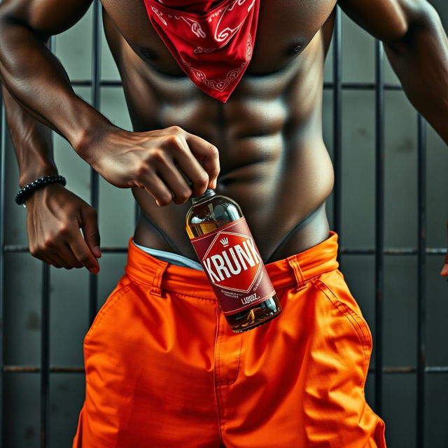 Close-up on the waist and torso of a muscular African American gang member, wearing baggy orange pants that are undone, revealing a dynamic scene