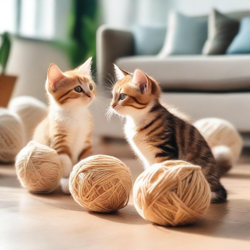 A group of adorable kittens playing with a ball of yarn in a sunlit room with soft cushions around.