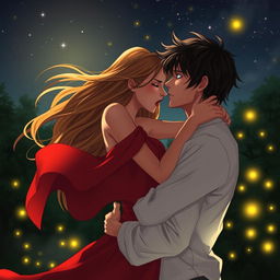 A passionate love scene depicting two lovers embracing under a starlit sky, with intense emotional expressions on their faces