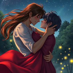 A passionate love scene depicting two lovers embracing under a starlit sky, with intense emotional expressions on their faces