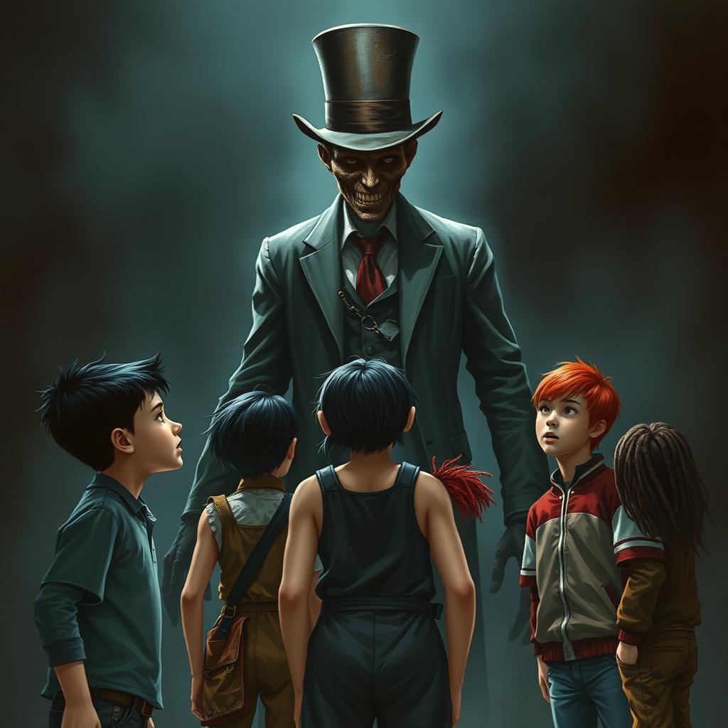 A terrifying book cover depicting five young teenagers facing a tall, twisted figure of a faceless man wearing a top hat and a torn suit