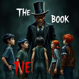 A terrifying book cover depicting five young teenagers facing a tall, twisted figure of a faceless man wearing a top hat and a torn suit