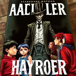 A terrifying book cover depicting five young teenagers facing a tall, twisted figure of a faceless man wearing a top hat and a torn suit