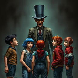 A terrifying book cover depicting five young teenagers facing a tall, twisted figure of a faceless man wearing a top hat and a torn suit