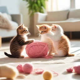 A group of adorable kittens playing with a ball of yarn in a sunlit room with soft cushions around.