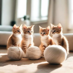 A group of adorable kittens playing with a ball of yarn in a sunlit room with soft cushions around.