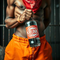 A intense close-up waist and torso shot of a muscular African American gang member wearing baggy orange pants that are undone