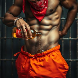 A intense close-up waist and torso shot of a muscular African American gang member wearing baggy orange pants that are undone