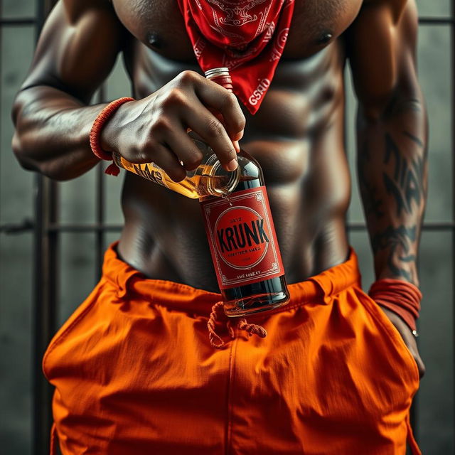 A intense close-up waist and torso shot of a muscular African American gang member wearing baggy orange pants that are undone