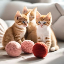 A group of adorable kittens playing with a ball of yarn in a sunlit room with soft cushions around.