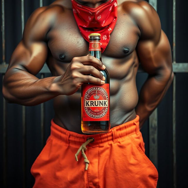 A close-up waist and torso shot of a muscular African American gang member, wearing baggy orange pants that are slightly undone