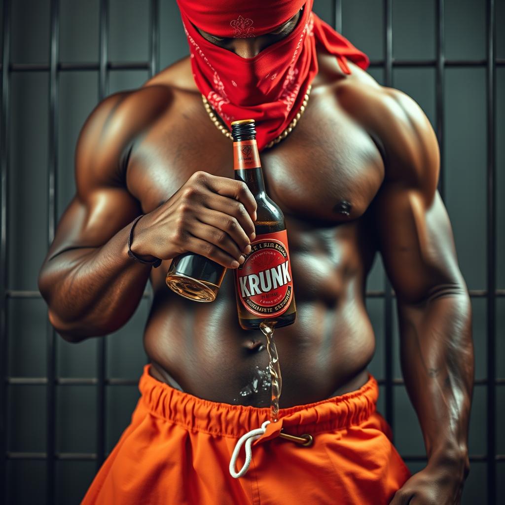 A close-up waist and torso shot of a muscular African American gang member, wearing baggy orange pants that are slightly undone