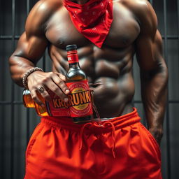 A close-up waist and torso shot of a muscular African American gang member, wearing baggy orange pants that are slightly undone