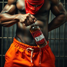 A close-up waist and torso shot of a muscular African American gang member, wearing baggy orange pants that are slightly undone