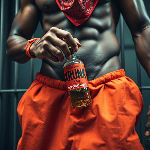 A close-up shot of a muscular African American gang member from the waist up, wearing baggy orange pants that are undone