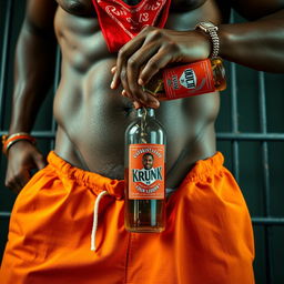 A close-up shot of a muscular African American gang member from the waist up, wearing baggy orange pants that are undone