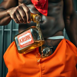 A close-up shot of a muscular African American gang member from the waist up, wearing baggy orange pants that are undone