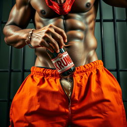 A close-up shot of a muscular African American gang member from the waist up, wearing baggy orange pants that are undone