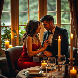 A luxurious, intimate setting for a romantic dinner, filled with soft golden candlelight casting gentle shadows