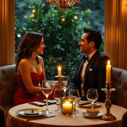 A luxurious, intimate setting for a romantic dinner, filled with soft golden candlelight casting gentle shadows