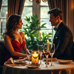 A luxurious, intimate setting for a romantic dinner, filled with soft golden candlelight casting gentle shadows