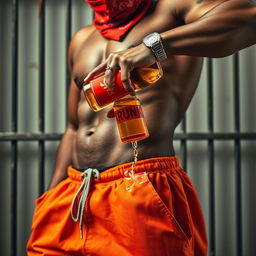 A close-up, waist and torso shot of a muscular African American gang member wearing baggy orange pants that are slightly undone