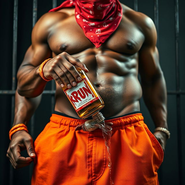 A close-up, waist and torso shot of a muscular African American gang member wearing baggy orange pants that are slightly undone