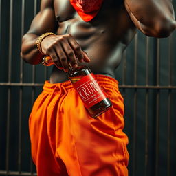A close-up, waist and torso shot of a muscular African American gang member wearing baggy orange pants that are slightly undone