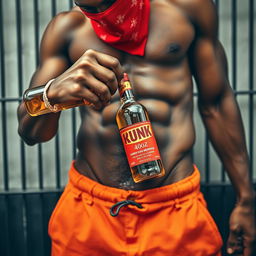 Close-up on the waist and torso of a muscular African American gang member, wearing baggy orange pants that are undone at the waist
