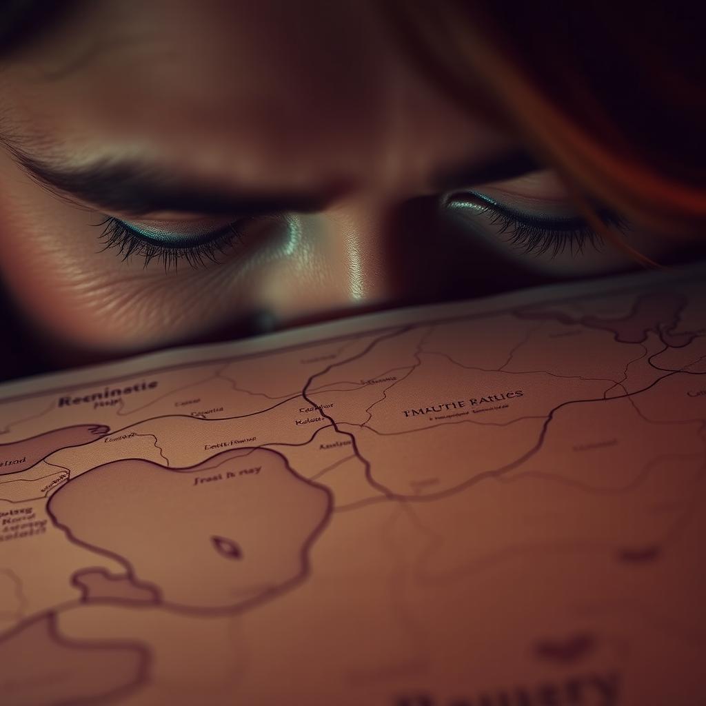 A romantic and sensual scene depicting a pair of eyes, deeply captivated, scanning over an abstract map filled with exquisite lines and curves representing a human body