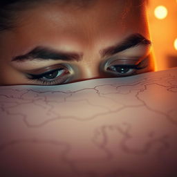 A romantic and sensual scene depicting a pair of eyes, deeply captivated, scanning over an abstract map filled with exquisite lines and curves representing a human body