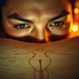 A romantic and sensual scene depicting a pair of eyes, deeply captivated, scanning over an abstract map filled with exquisite lines and curves representing a human body